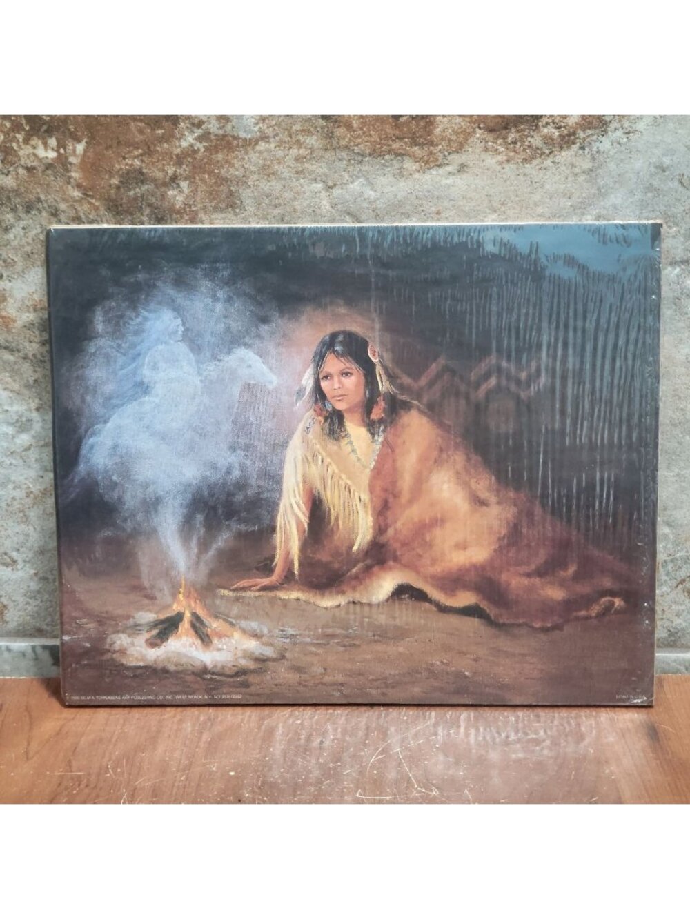 Vintage Unframed Indian Maiden & Campfire Art Print 1990 Artist Marianne Carosel